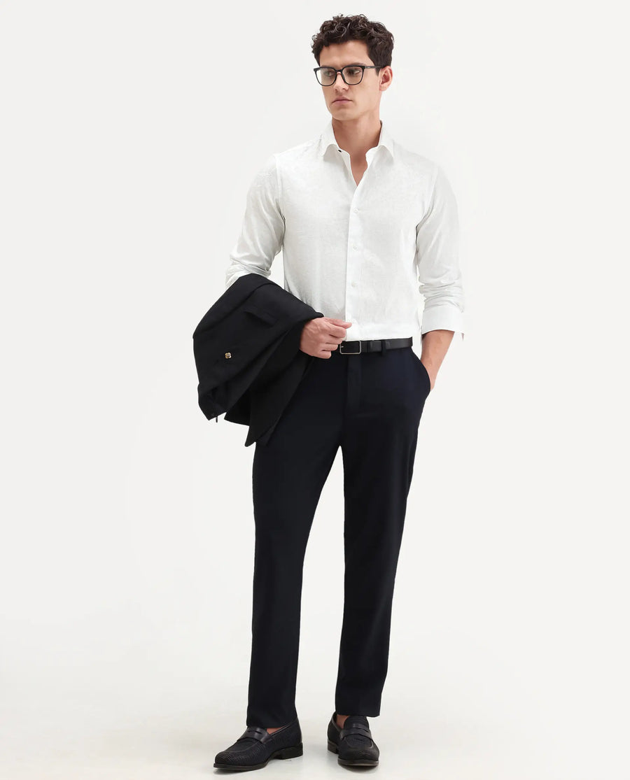 Rare Rabbit Men's Bedale White Cotton Fabric Spread Collar Regular Fit Jacquard Shirt