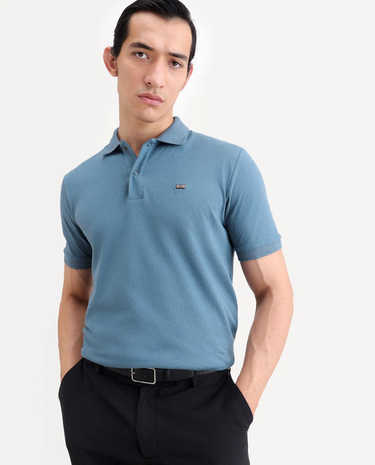 Rare Rabbit Men's Avo Dusky Blue Cotton Fabric Spread Collar Regular Fit Plain Polo