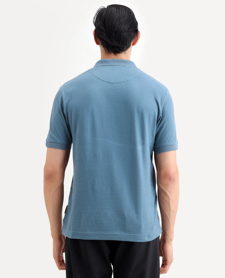 Rare Rabbit Men's Avo Dusky Blue Cotton Fabric Spread Collar Regular Fit Plain Polo