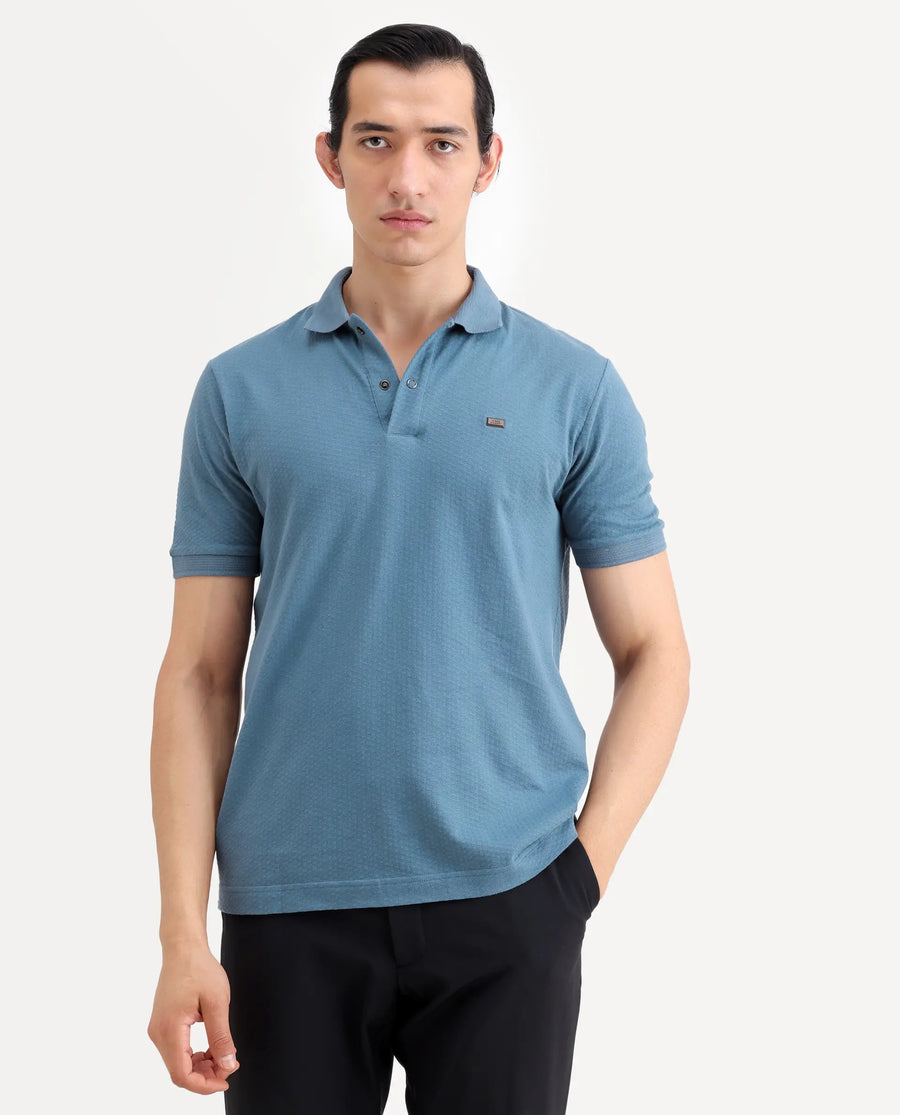 Rare Rabbit Men's Avo Dusky Blue Cotton Fabric Spread Collar Regular Fit Plain Polo