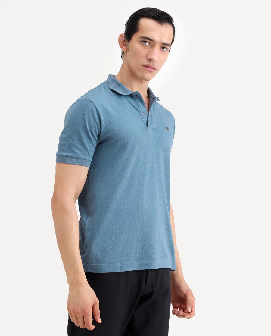 Rare Rabbit Men's Avo Dusky Blue Cotton Fabric Spread Collar Regular Fit Plain Polo