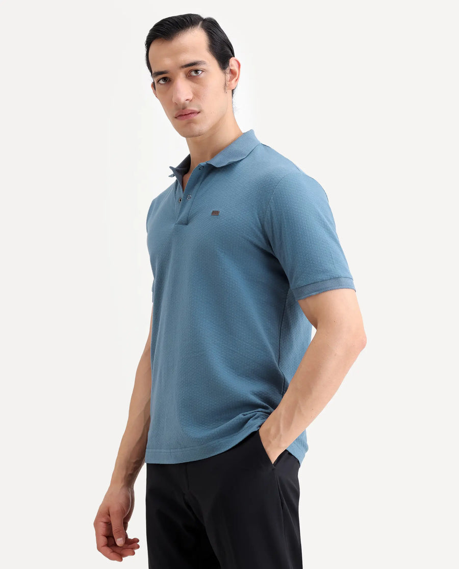 Rare Rabbit Men's Avo Dusky Blue Cotton Fabric Spread Collar Regular Fit Plain Polo
