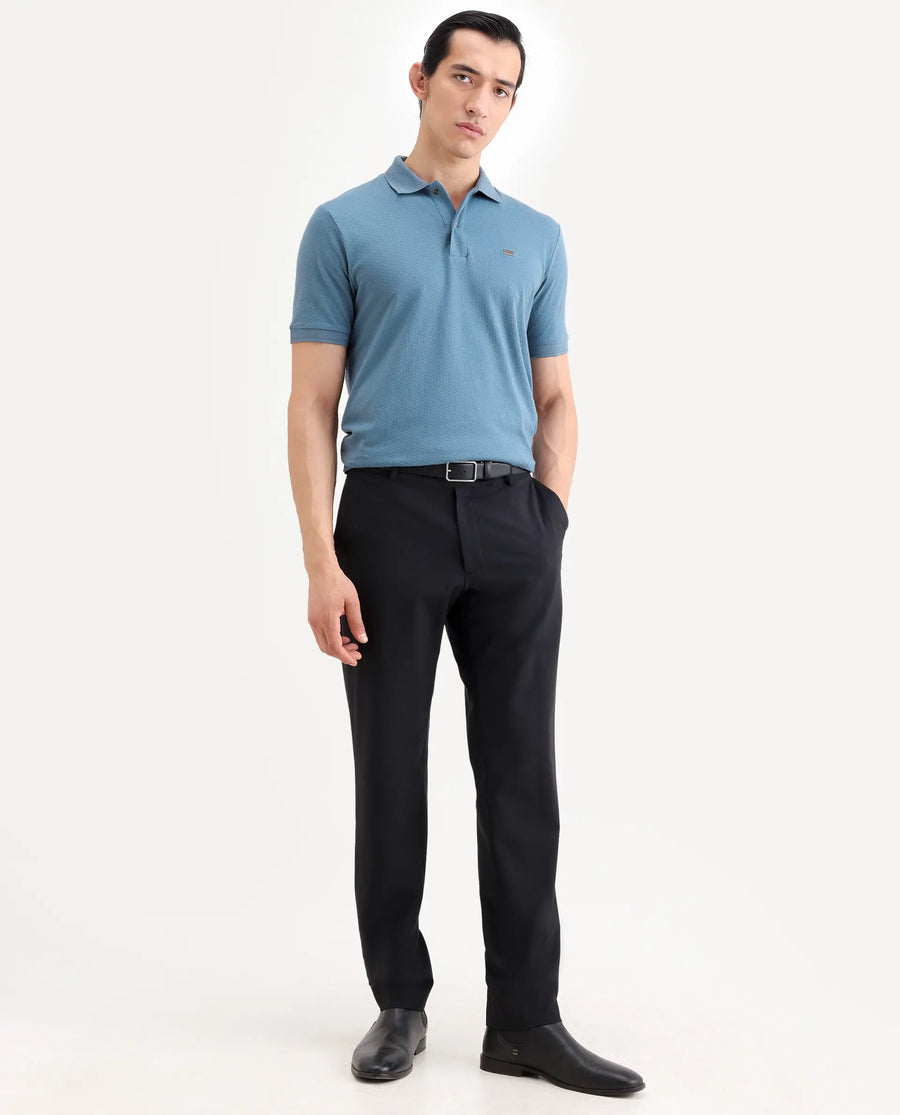 Rare Rabbit Men's Avo Dusky Blue Cotton Fabric Spread Collar Regular Fit Plain Polo