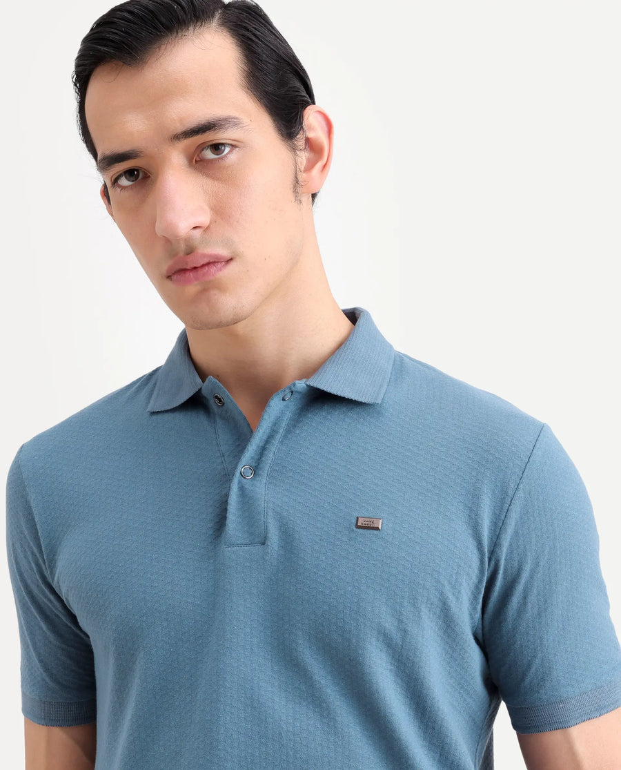Rare Rabbit Men's Avo Dusky Blue Cotton Fabric Spread Collar Regular Fit Plain Polo