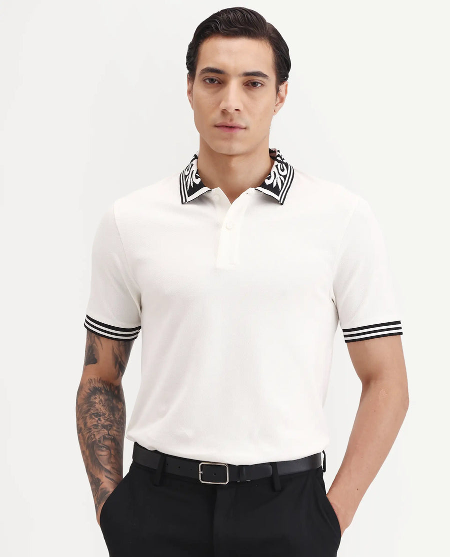 Rare Rabbit Men's Axeo White Cotton Blend Fabric Spread Collar Regular Fit Plain Polo