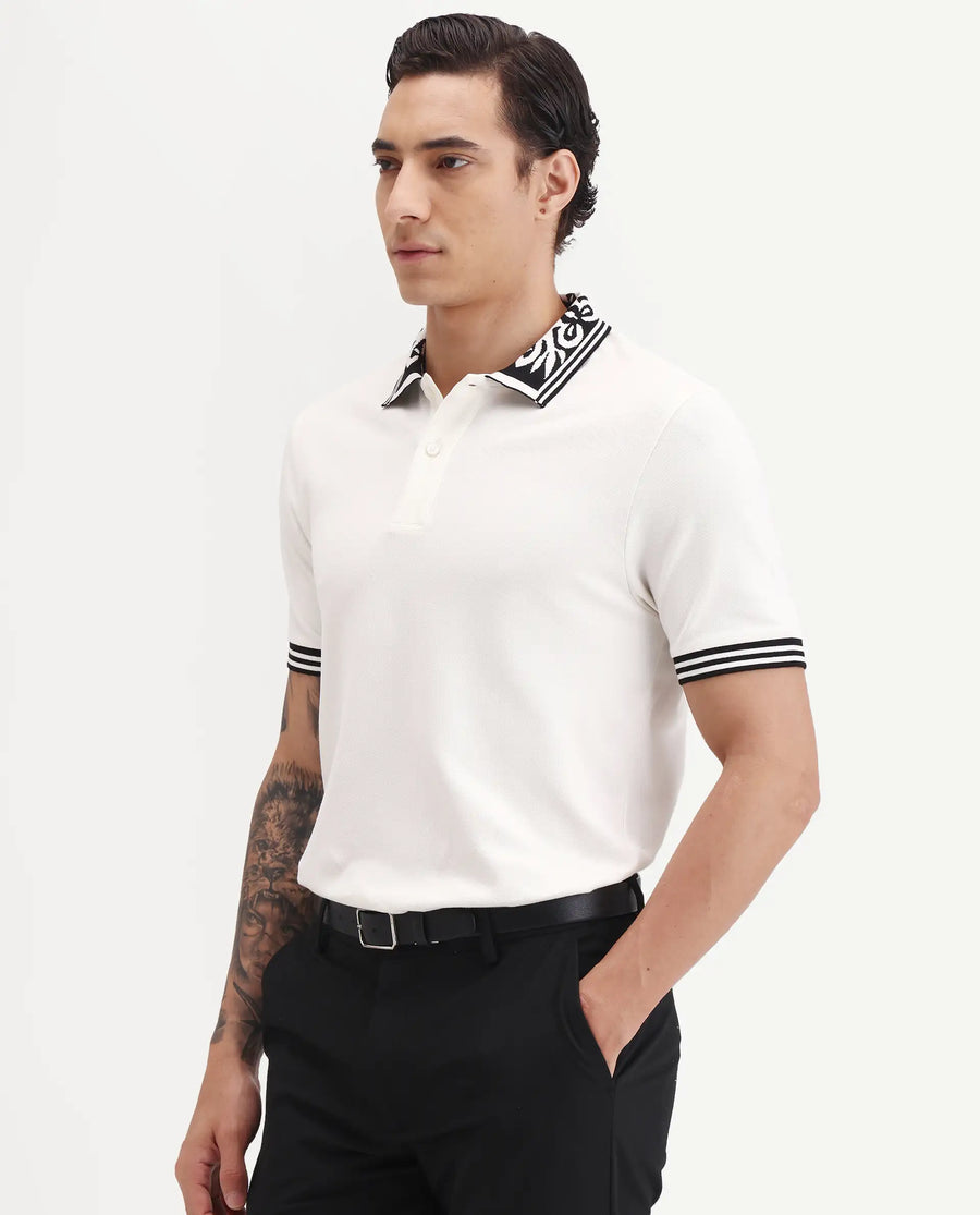 Rare Rabbit Men's Axeo White Cotton Blend Fabric Spread Collar Regular Fit Plain Polo