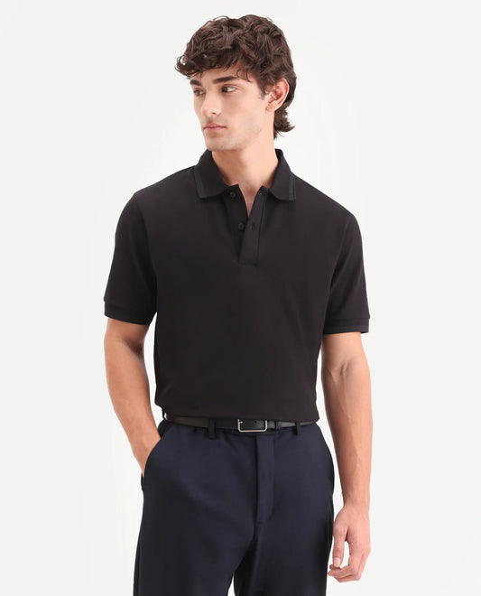 Rare Rabbit Men's Clak Black Cotton Blend Fabric Half Sleeve Spread Collar Regular Fit Plain Polo