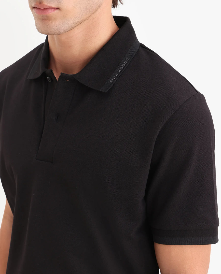 Rare Rabbit Men's Clak Black Cotton Blend Fabric Half Sleeve Spread Collar Regular Fit Plain Polo