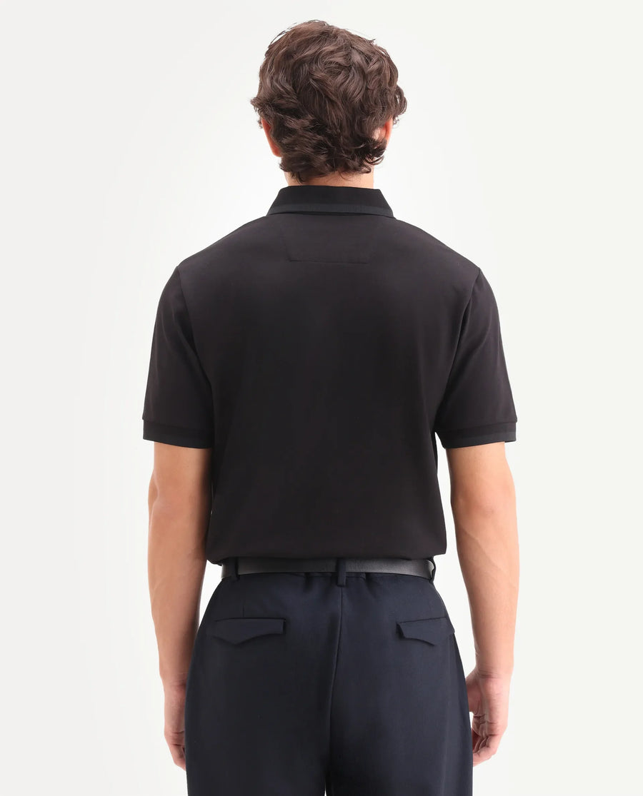Rare Rabbit Men's Clak Black Cotton Blend Fabric Half Sleeve Spread Collar Regular Fit Plain Polo
