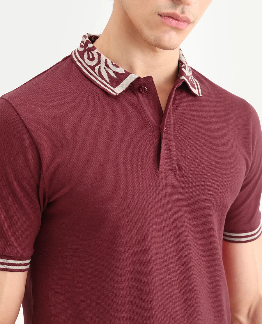 Rare Rabbit Men's Axeo Red Cotton Blend Fabric Spread Collar Regular Fit Plain Polo