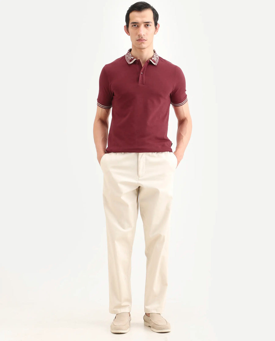 Rare Rabbit Men's Axeo Red Cotton Blend Fabric Spread Collar Regular Fit Plain Polo