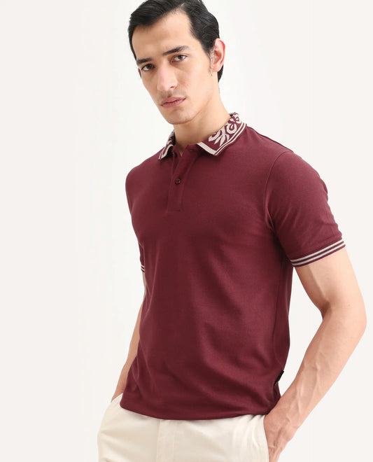 Rare Rabbit Men's Axeo Red Cotton Blend Fabric Spread Collar Regular Fit Plain Polo