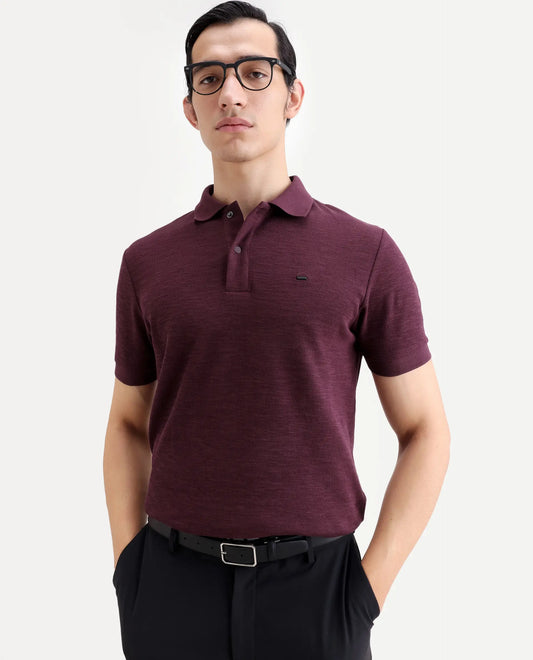 Rare Rabbit Men's Caro Maroon Cotton Fabric Spread Collar Regular Fit Plain Polo