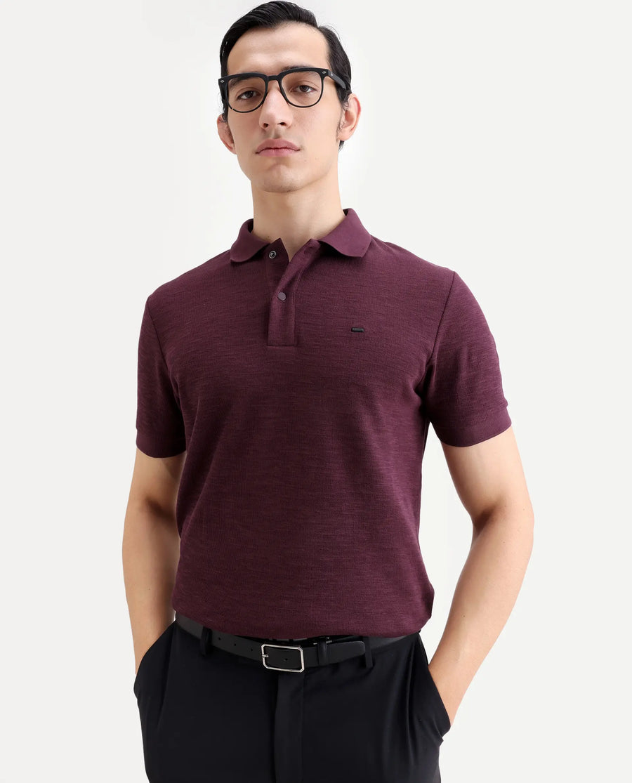 Rare Rabbit Men's Caro Maroon Cotton Fabric Spread Collar Regular Fit Plain Polo