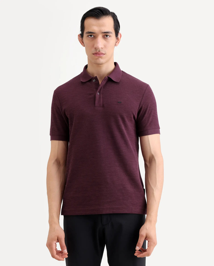 Rare Rabbit Men's Caro Maroon Cotton Fabric Spread Collar Regular Fit Plain Polo