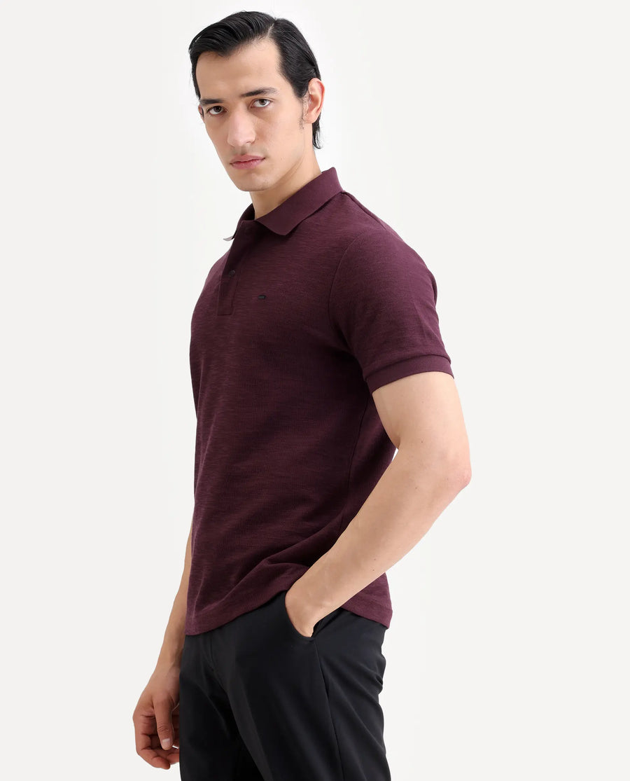 Rare Rabbit Men's Caro Maroon Cotton Fabric Spread Collar Regular Fit Plain Polo
