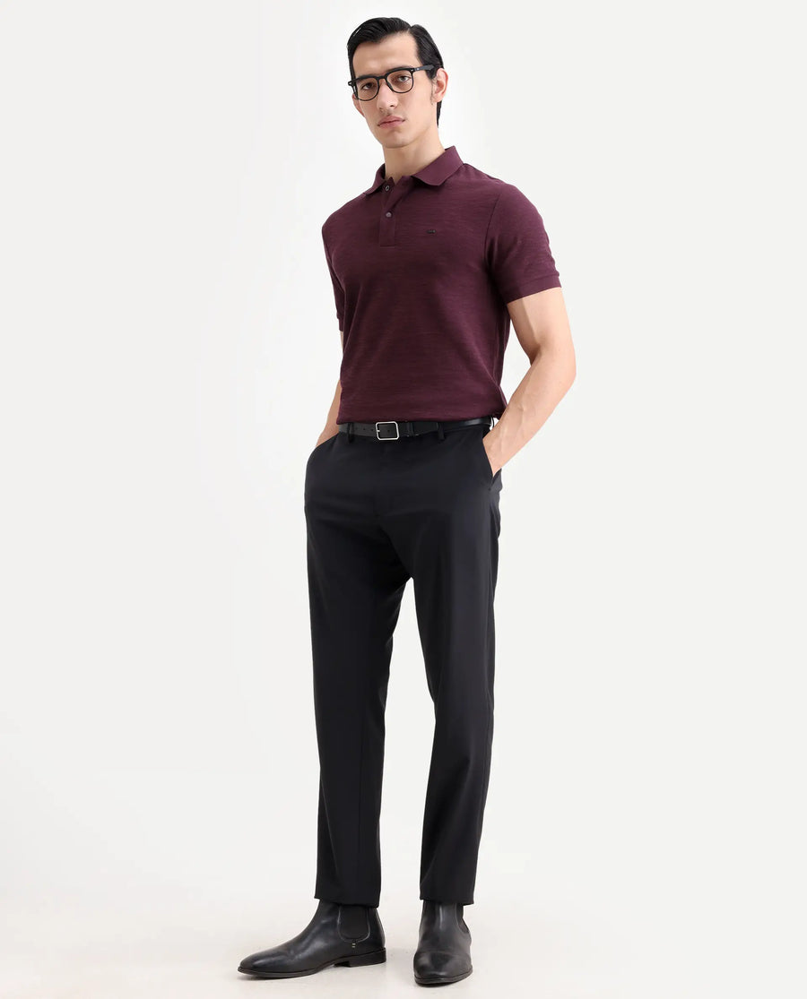 Rare Rabbit Men's Caro Maroon Cotton Fabric Spread Collar Regular Fit Plain Polo