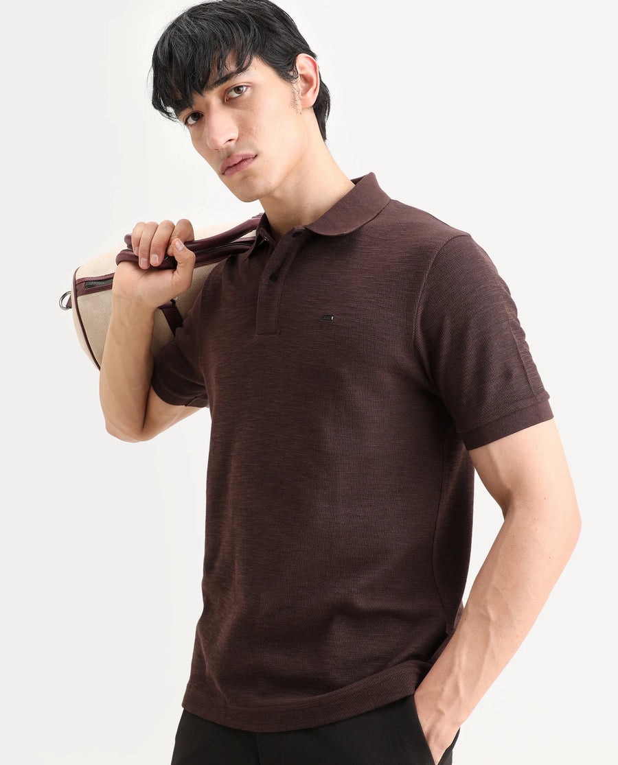 Rare Rabbit Men's Caro Brown Cotton Fabric Spread Collar Regular Fit Plain Polo
