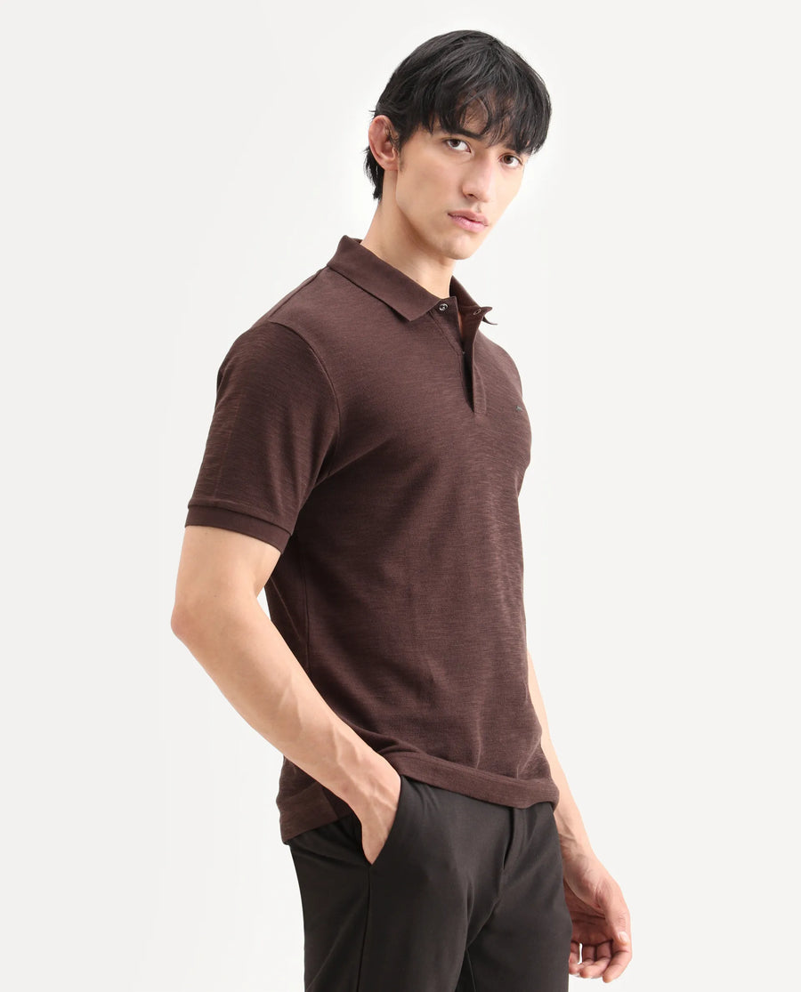 Rare Rabbit Men's Caro Brown Cotton Fabric Spread Collar Regular Fit Plain Polo