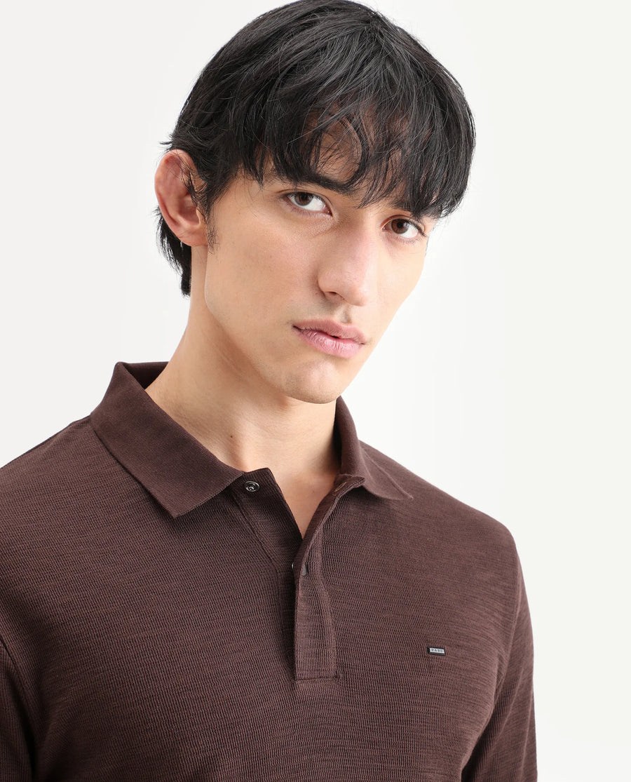 Rare Rabbit Men's Caro Brown Cotton Fabric Spread Collar Regular Fit Plain Polo
