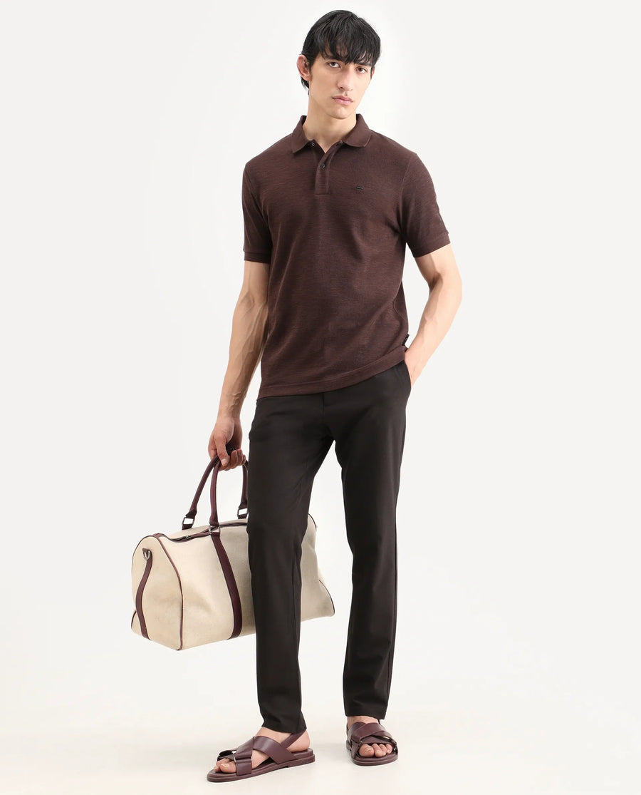 Rare Rabbit Men's Caro Brown Cotton Fabric Spread Collar Regular Fit Plain Polo