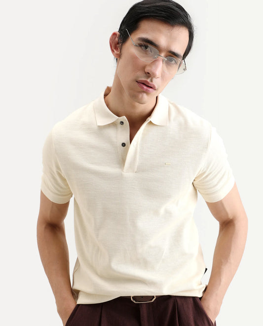 Rare Rabbit Men's Caro Pastel Yellow Cotton Fabric Spread Collar Regular Fit Plain Polo