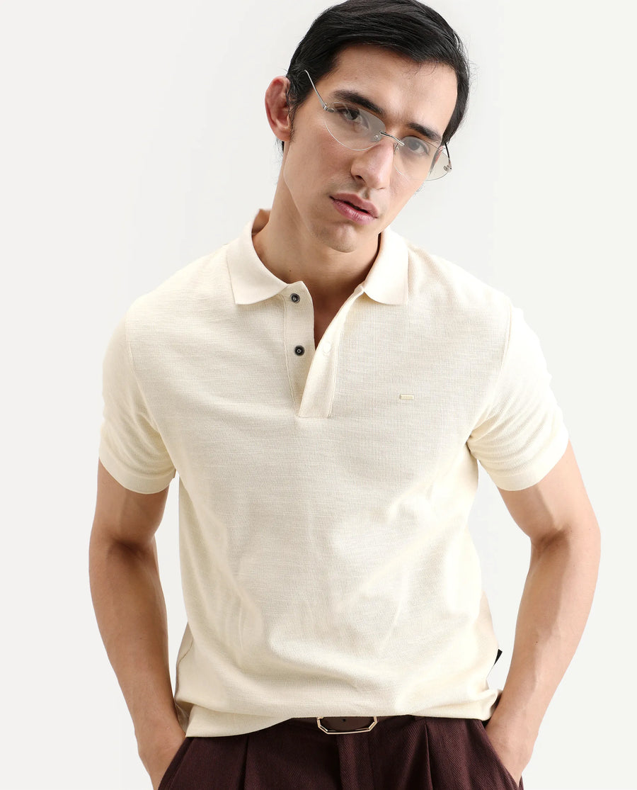 Rare Rabbit Men's Caro Pastel Yellow Cotton Fabric Spread Collar Regular Fit Plain Polo