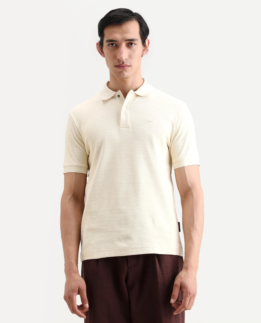 Rare Rabbit Men's Caro Pastel Yellow Cotton Fabric Spread Collar Regular Fit Plain Polo