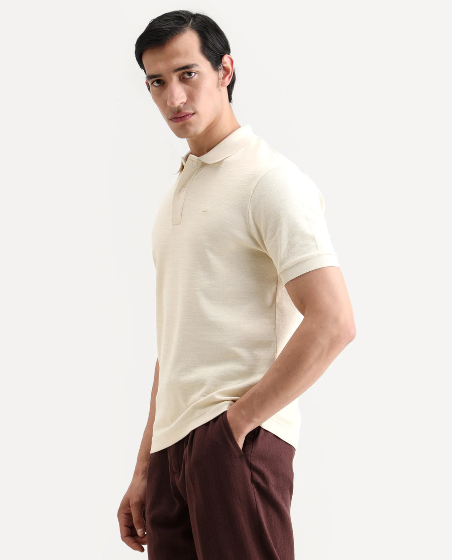 Rare Rabbit Men's Caro Pastel Yellow Cotton Fabric Spread Collar Regular Fit Plain Polo