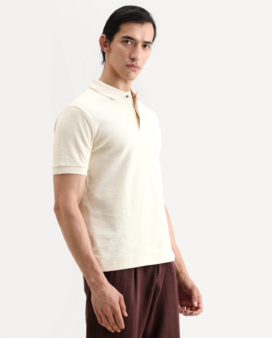 Rare Rabbit Men's Caro Pastel Yellow Cotton Fabric Spread Collar Regular Fit Plain Polo