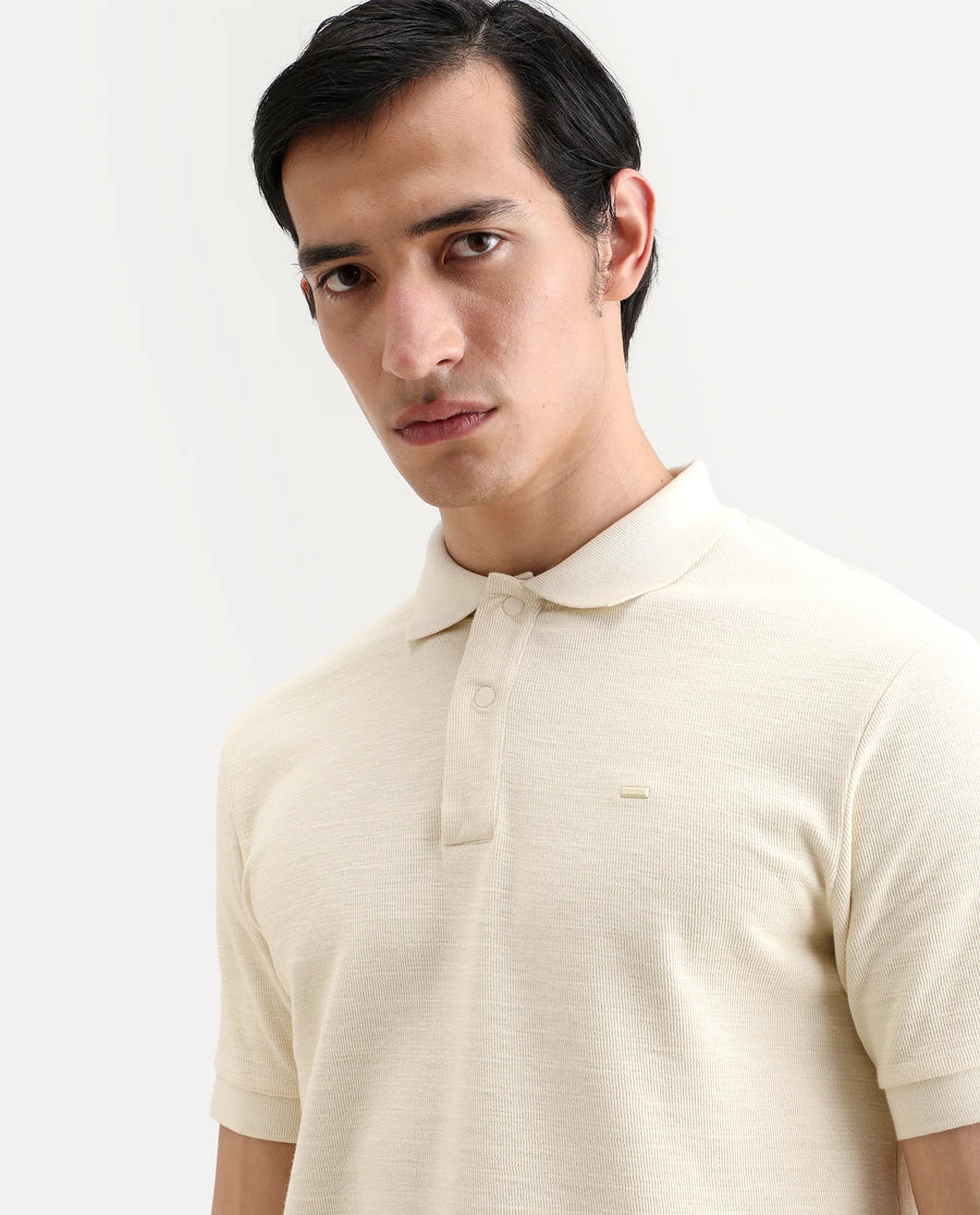 Rare Rabbit Men's Caro Pastel Yellow Cotton Fabric Spread Collar Regular Fit Plain Polo