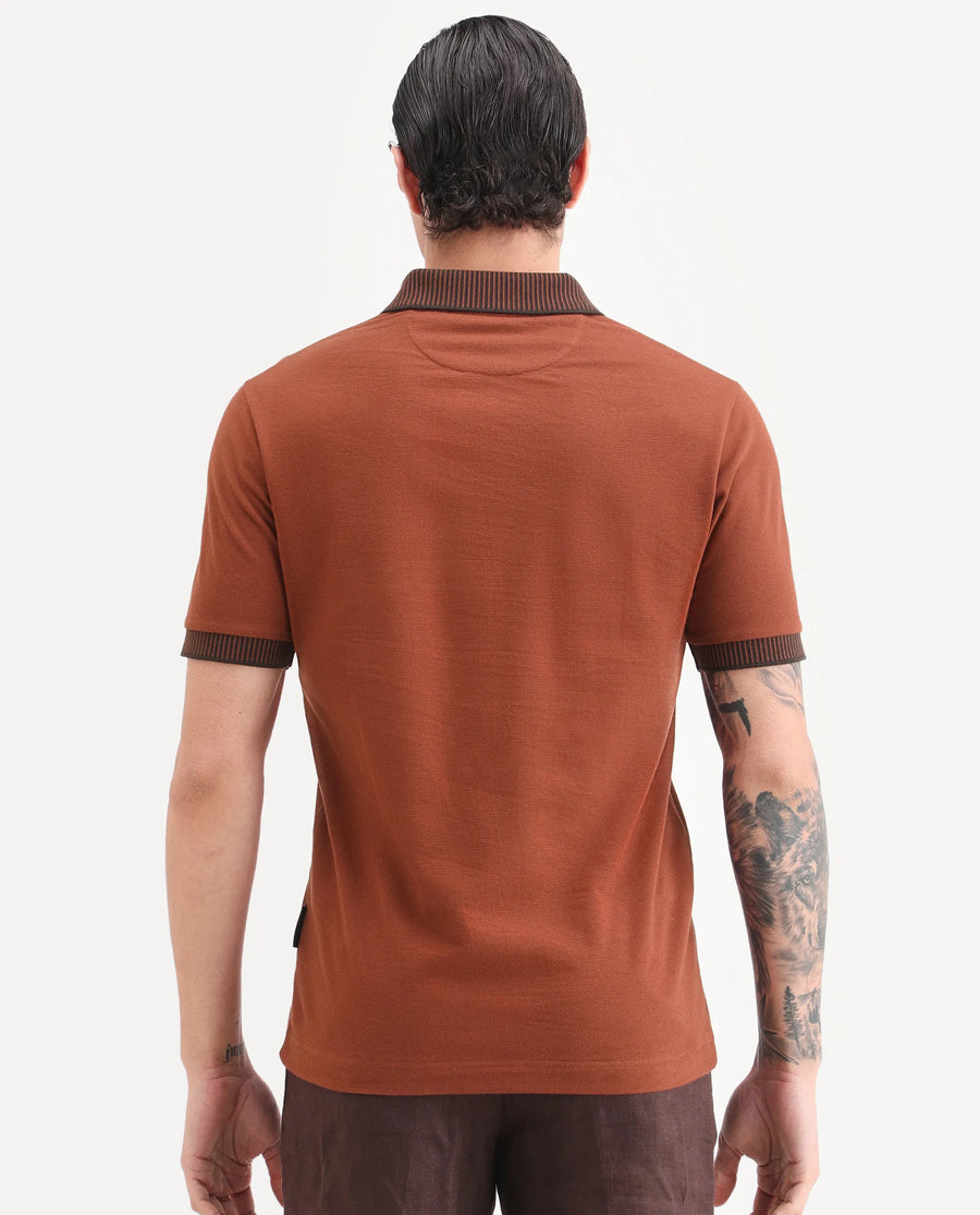 Rare Rabbit Men's Trij Rust Polyester Blend Fabric Spread Collar Regular Fit Plain Polo