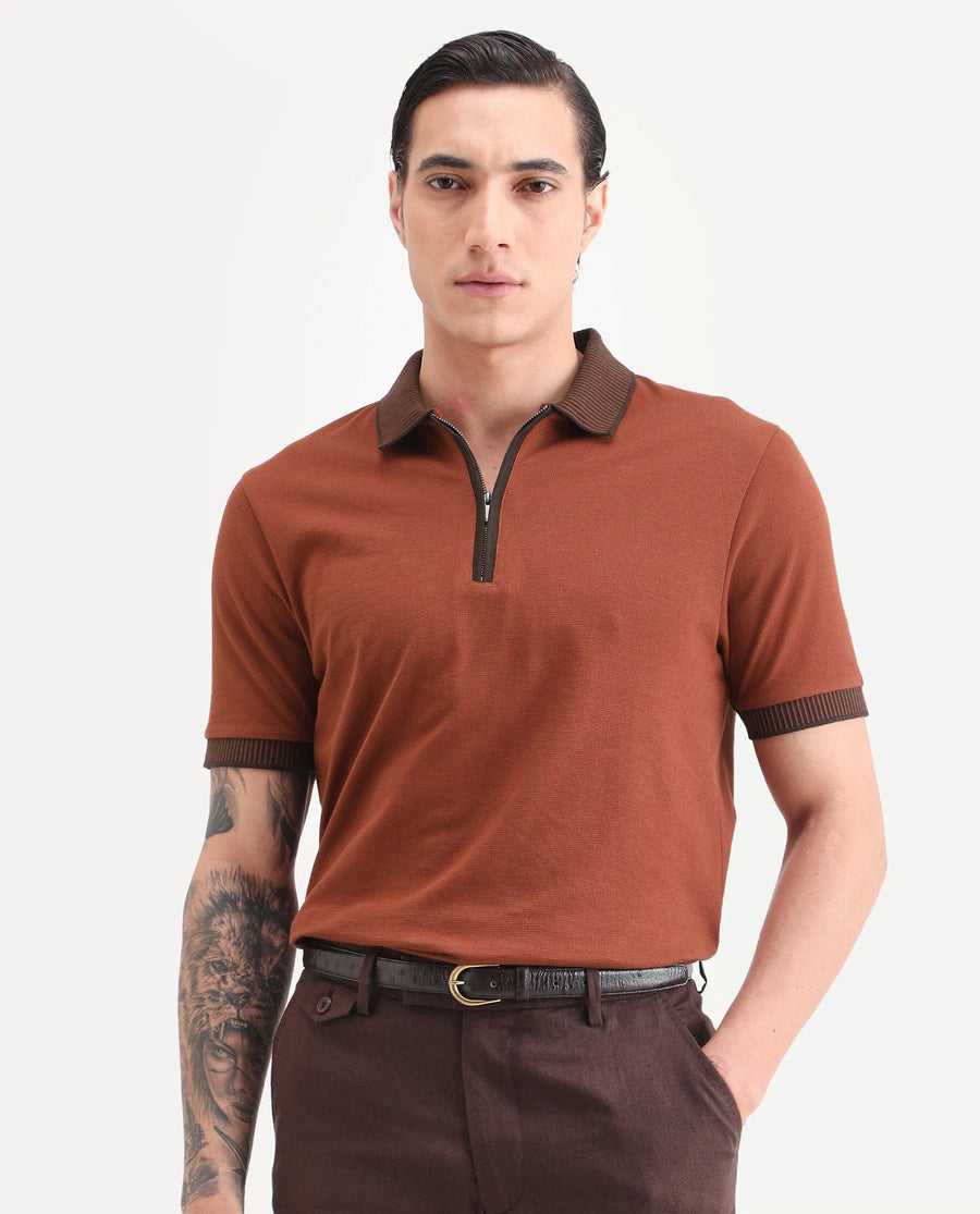 Rare Rabbit Men's Trij Rust Polyester Blend Fabric Spread Collar Regular Fit Plain Polo