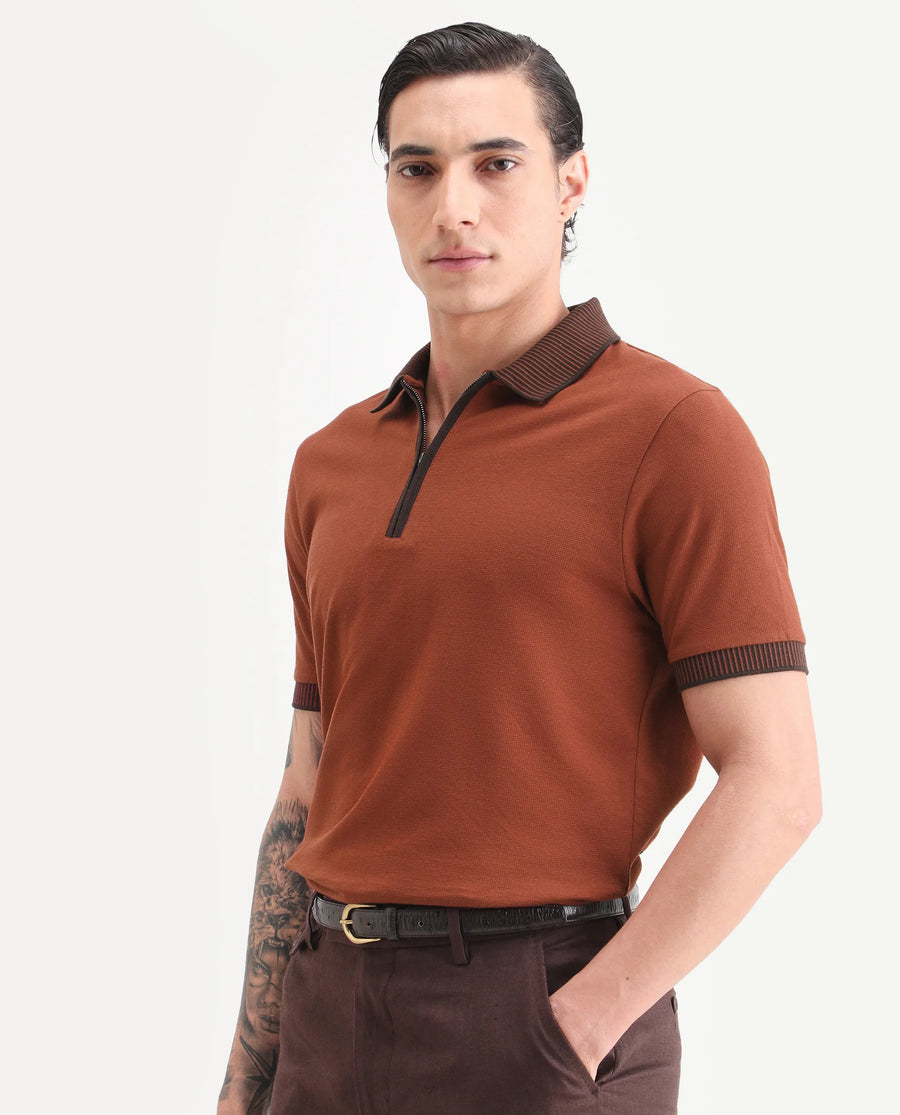 Rare Rabbit Men's Trij Rust Polyester Blend Fabric Spread Collar Regular Fit Plain Polo