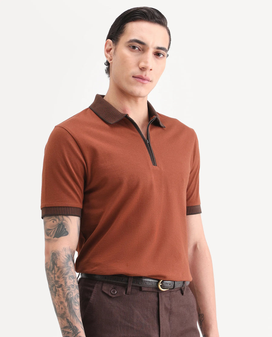 Rare Rabbit Men's Trij Rust Polyester Blend Fabric Spread Collar Regular Fit Plain Polo