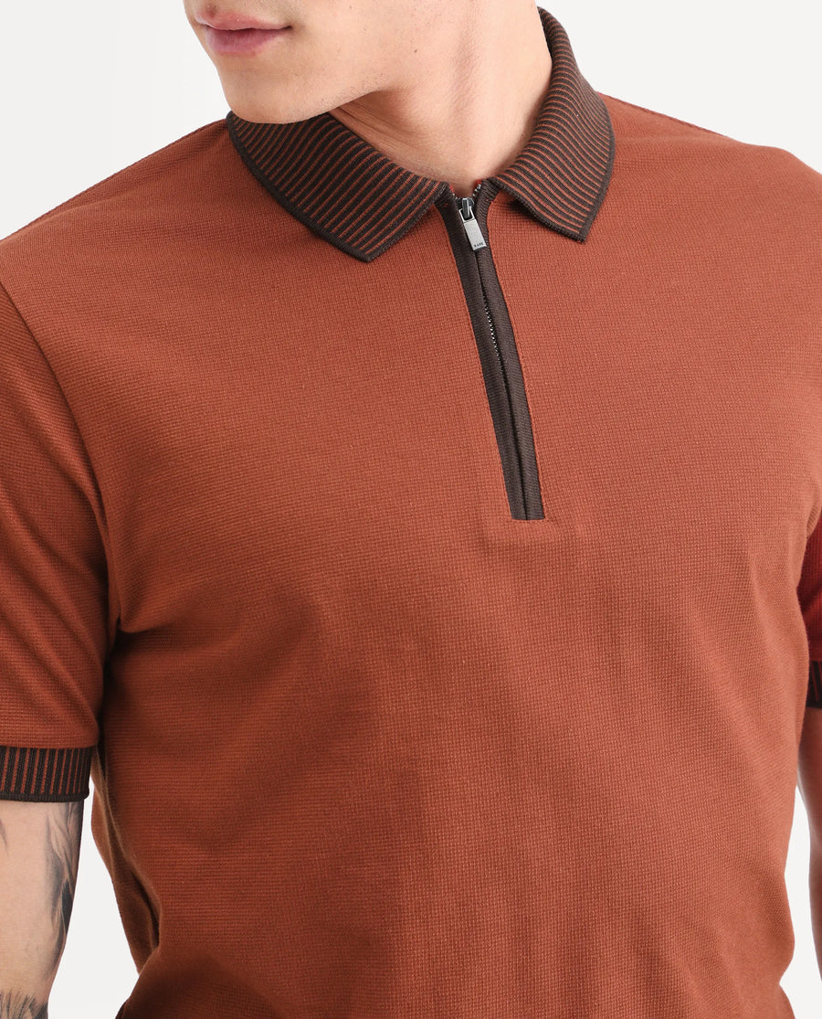 Rare Rabbit Men's Trij Rust Polyester Blend Fabric Spread Collar Regular Fit Plain Polo