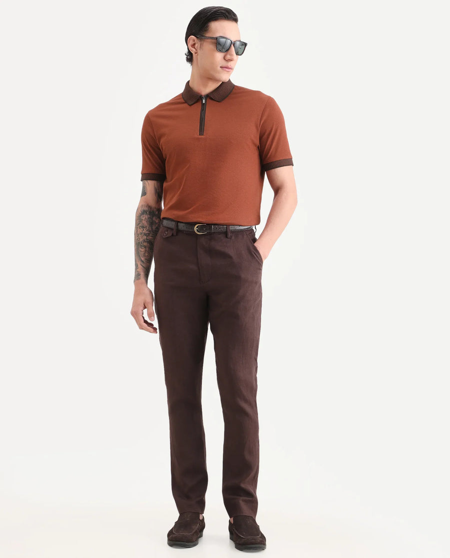 Rare Rabbit Men's Trij Rust Polyester Blend Fabric Spread Collar Regular Fit Plain Polo