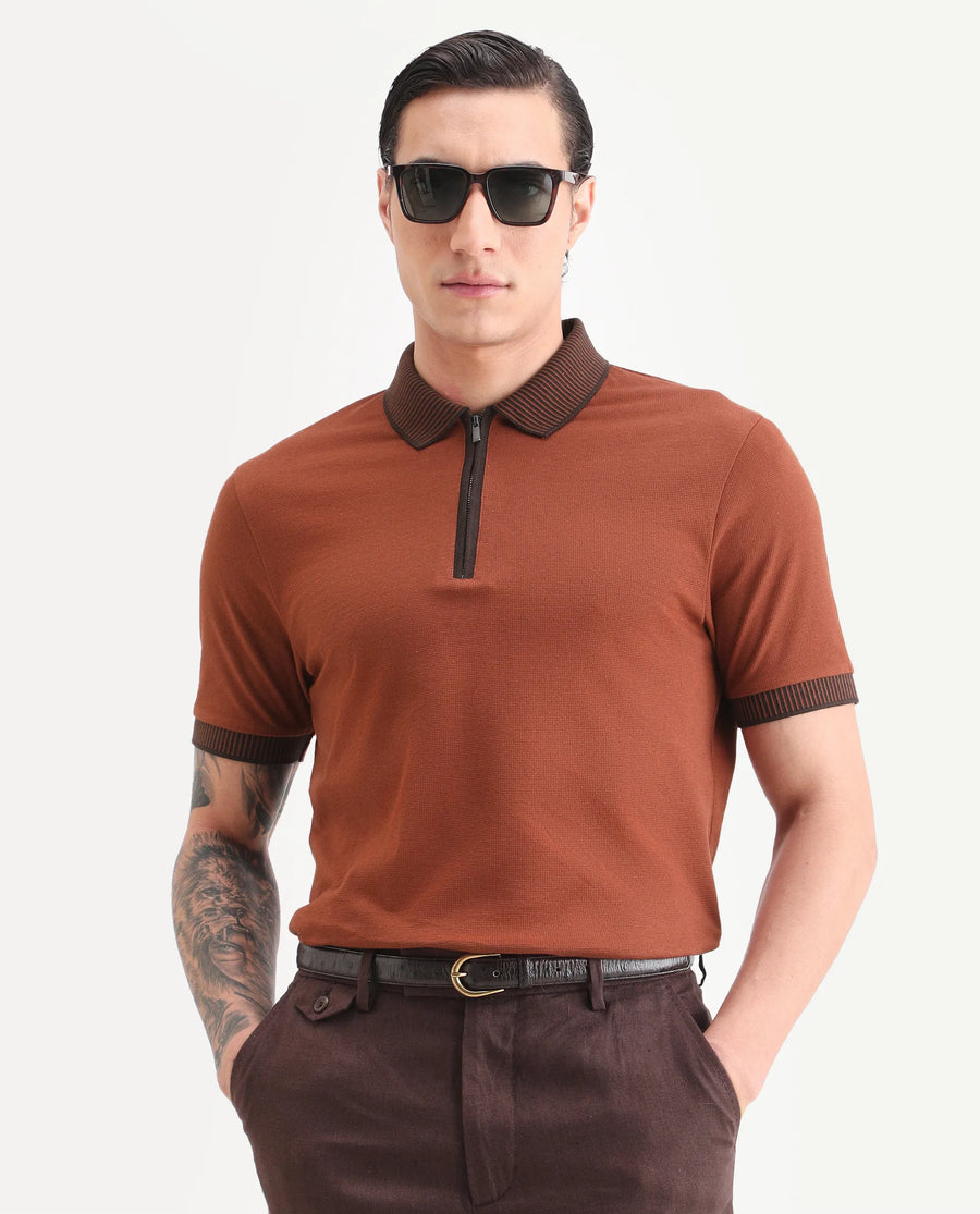 Rare Rabbit Men's Trij Rust Polyester Blend Fabric Spread Collar Regular Fit Plain Polo