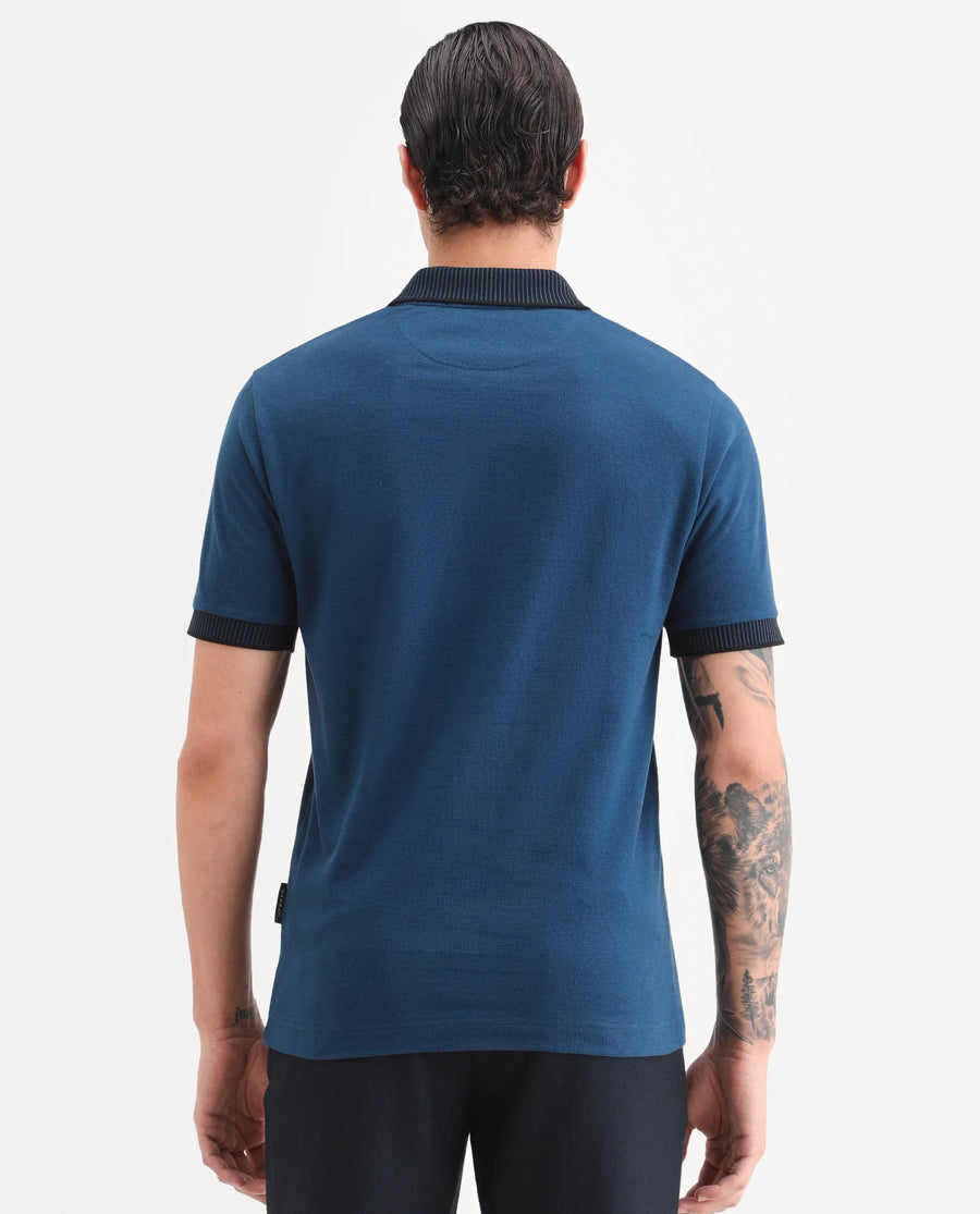 Rare Rabbit Men's Trij Blue Polyester Blend Fabric Spread Collar Regular Fit Plain Polo