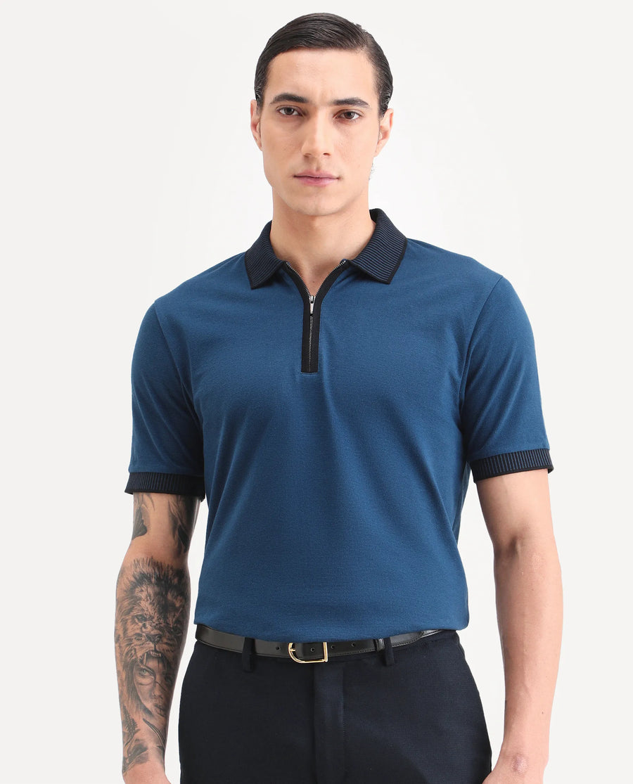 Rare Rabbit Men's Trij Blue Polyester Blend Fabric Spread Collar Regular Fit Plain Polo