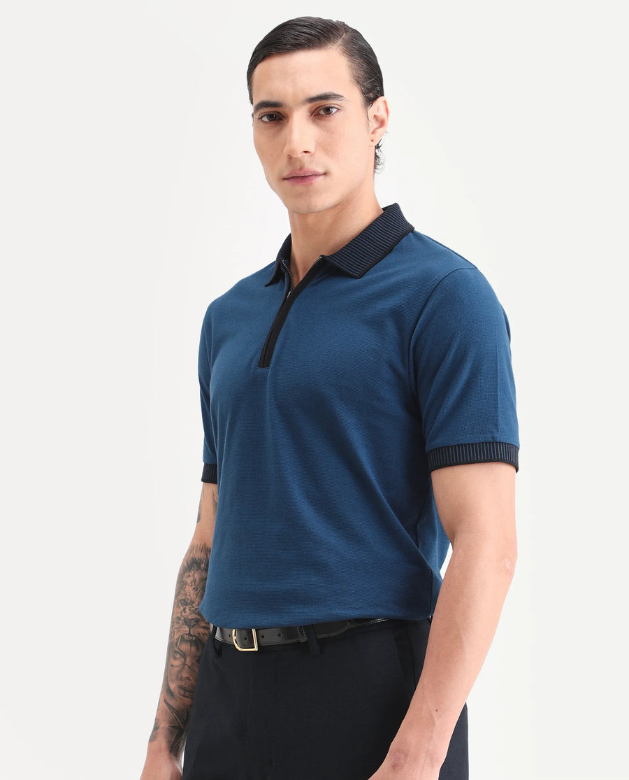 Rare Rabbit Men's Trij Blue Polyester Blend Fabric Spread Collar Regular Fit Plain Polo