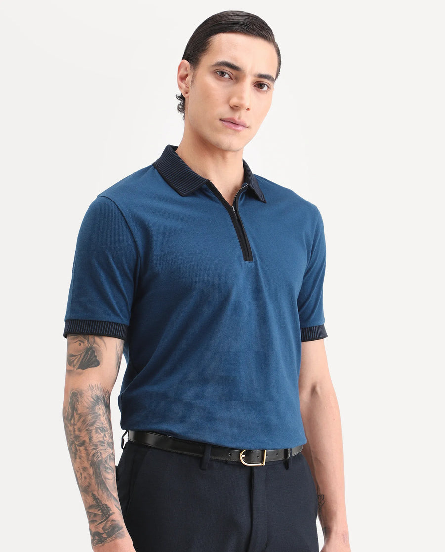 Rare Rabbit Men's Trij Blue Polyester Blend Fabric Spread Collar Regular Fit Plain Polo