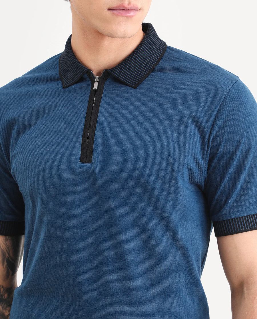 Rare Rabbit Men's Trij Blue Polyester Blend Fabric Spread Collar Regular Fit Plain Polo