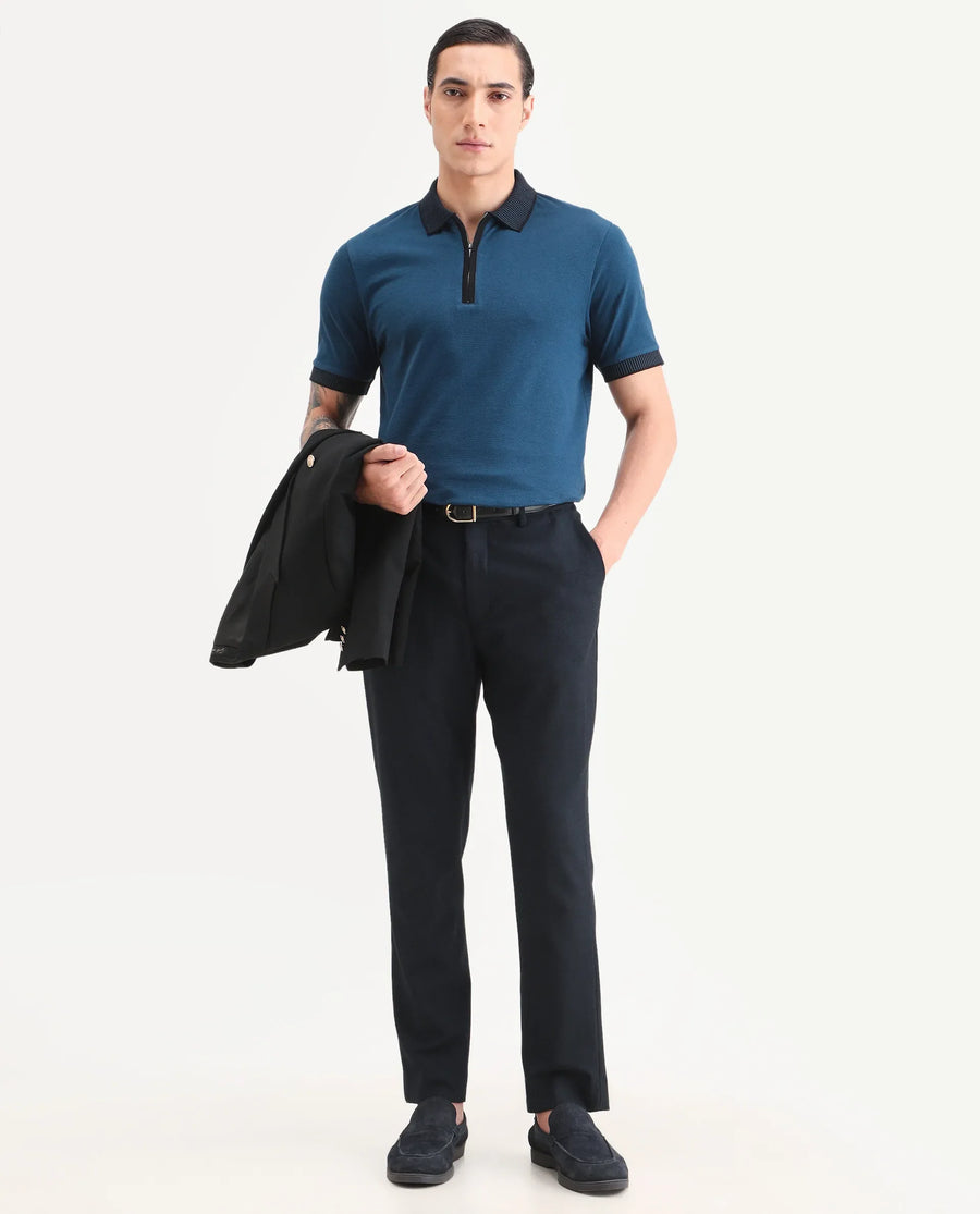 Rare Rabbit Men's Trij Blue Polyester Blend Fabric Spread Collar Regular Fit Plain Polo