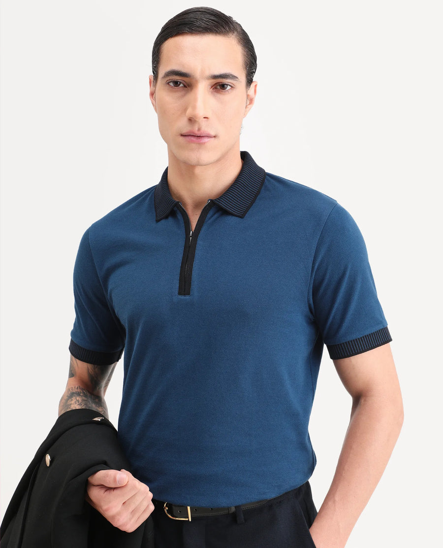 Rare Rabbit Men's Trij Blue Polyester Blend Fabric Spread Collar Regular Fit Plain Polo