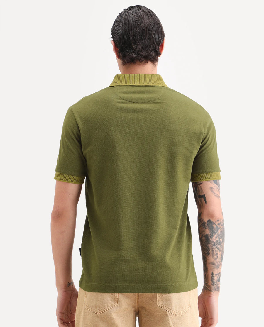 Rare Rabbit Men's Trij Olive Polyester Blend Fabric Spread Collar Regular Fit Plain Polo