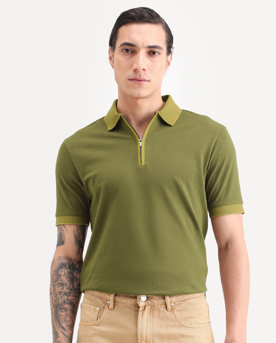 Rare Rabbit Men's Trij Olive Polyester Blend Fabric Spread Collar Regular Fit Plain Polo