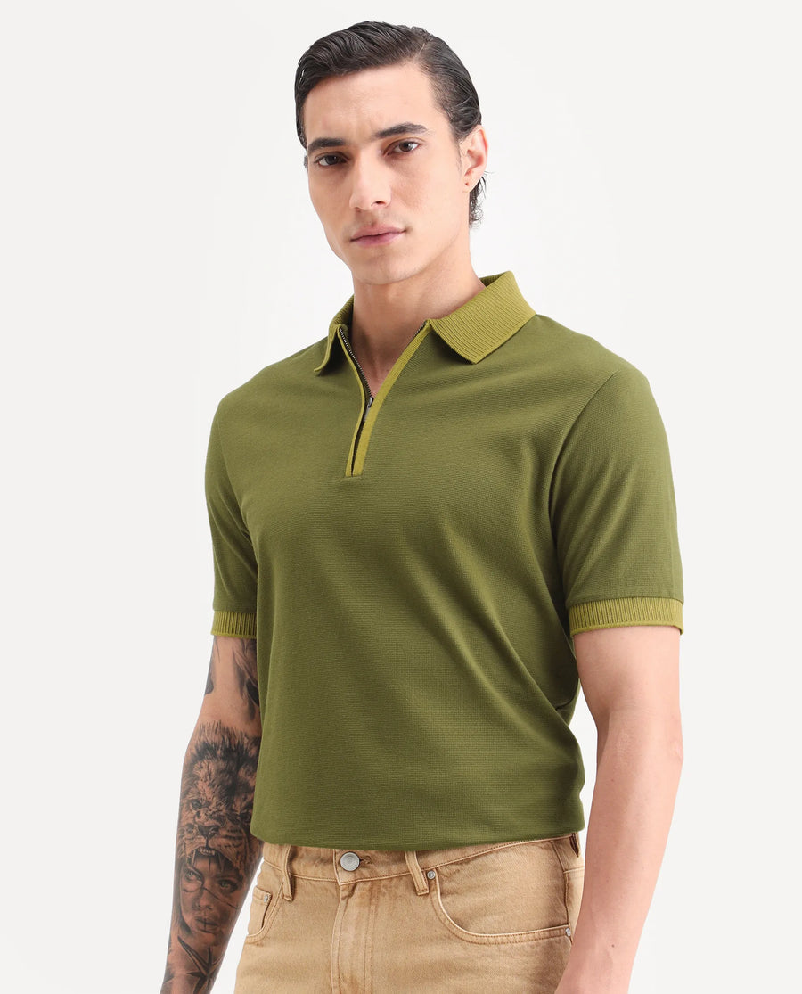Rare Rabbit Men's Trij Olive Polyester Blend Fabric Spread Collar Regular Fit Plain Polo