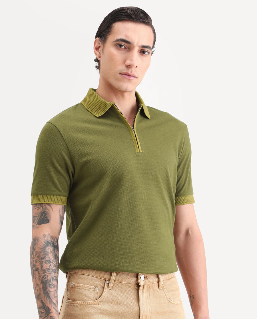 Rare Rabbit Men's Trij Olive Polyester Blend Fabric Spread Collar Regular Fit Plain Polo