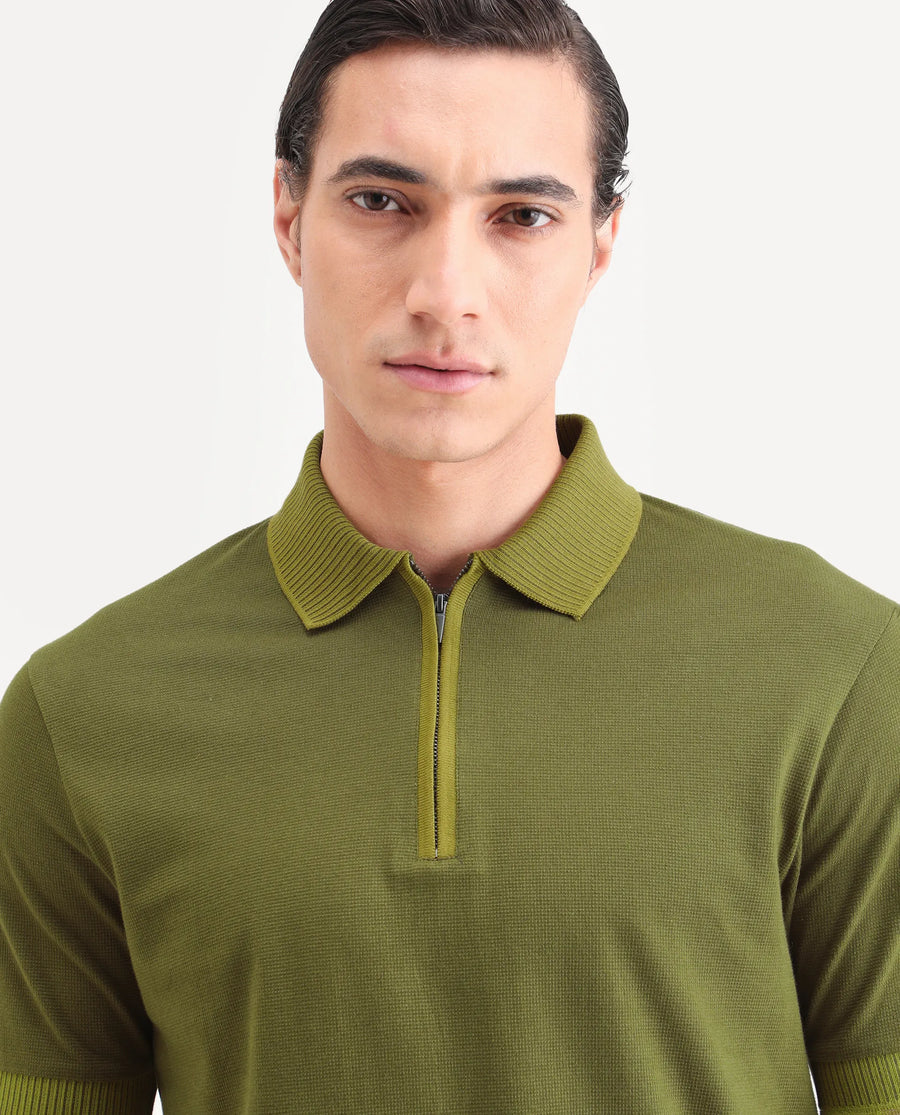 Rare Rabbit Men's Trij Olive Polyester Blend Fabric Spread Collar Regular Fit Plain Polo